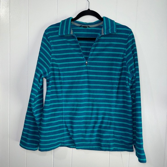 Lands' End Women's Fleece 1/4 Zip Pullover Top Striped Teal Blue L 14-16 - Picture 1 of 9